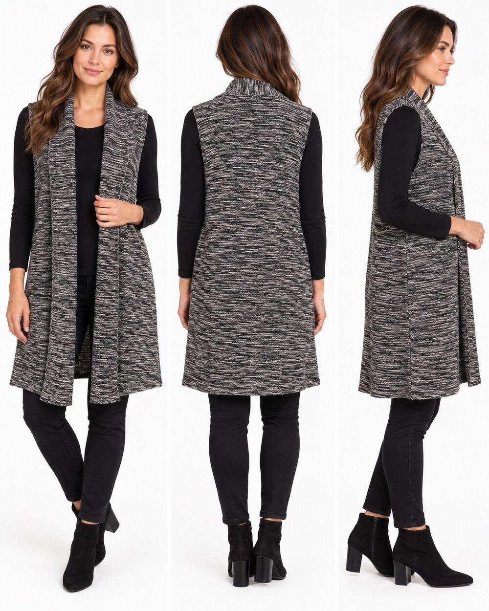 GAP Women’s Large Black White Marled Long Open Front Sweater Vest